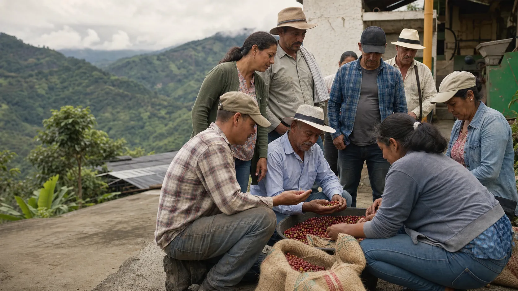 Productores revisando juntos una cosecha de café
