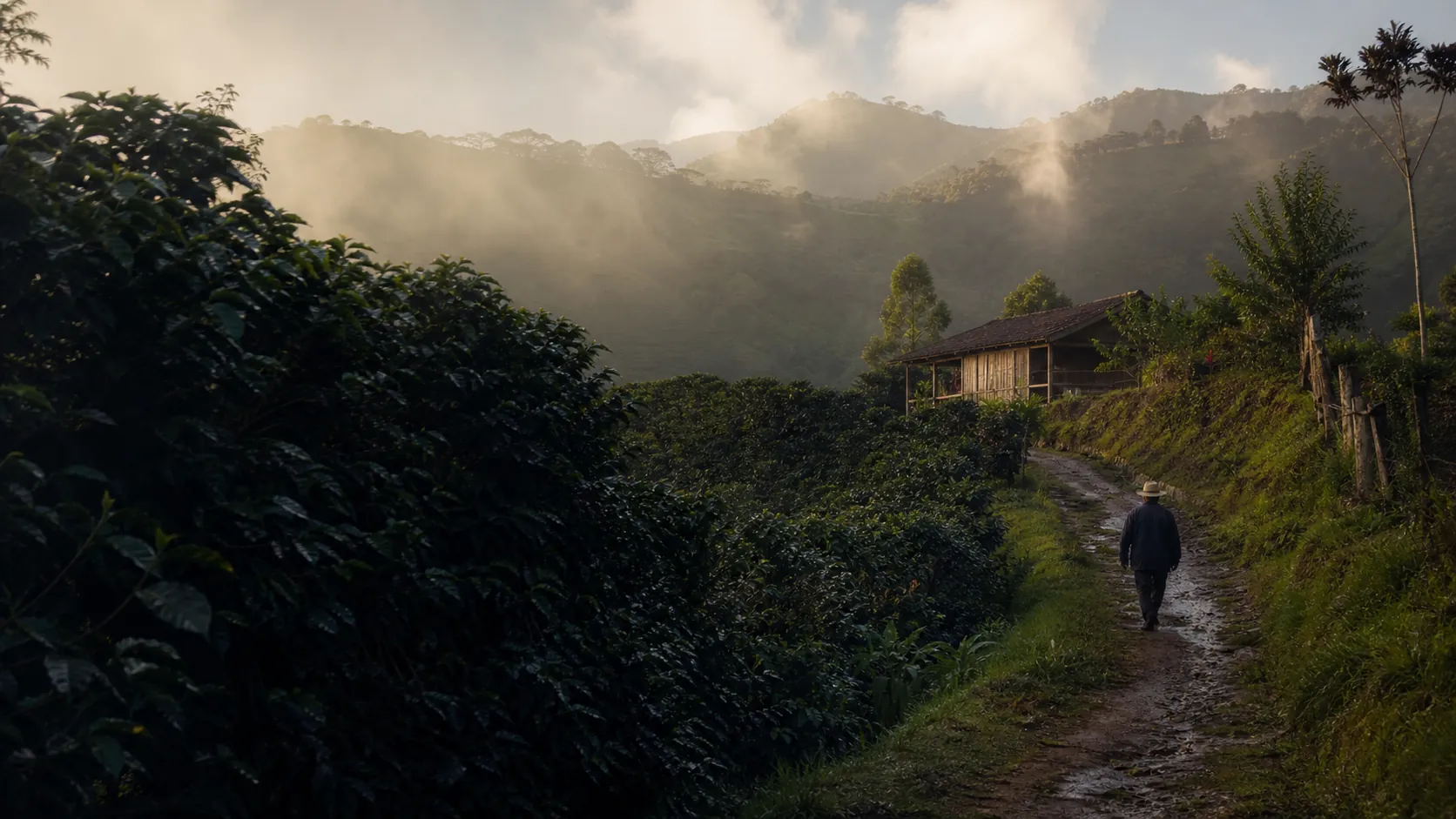 Camino rural entre cafetales y una finca de montaña