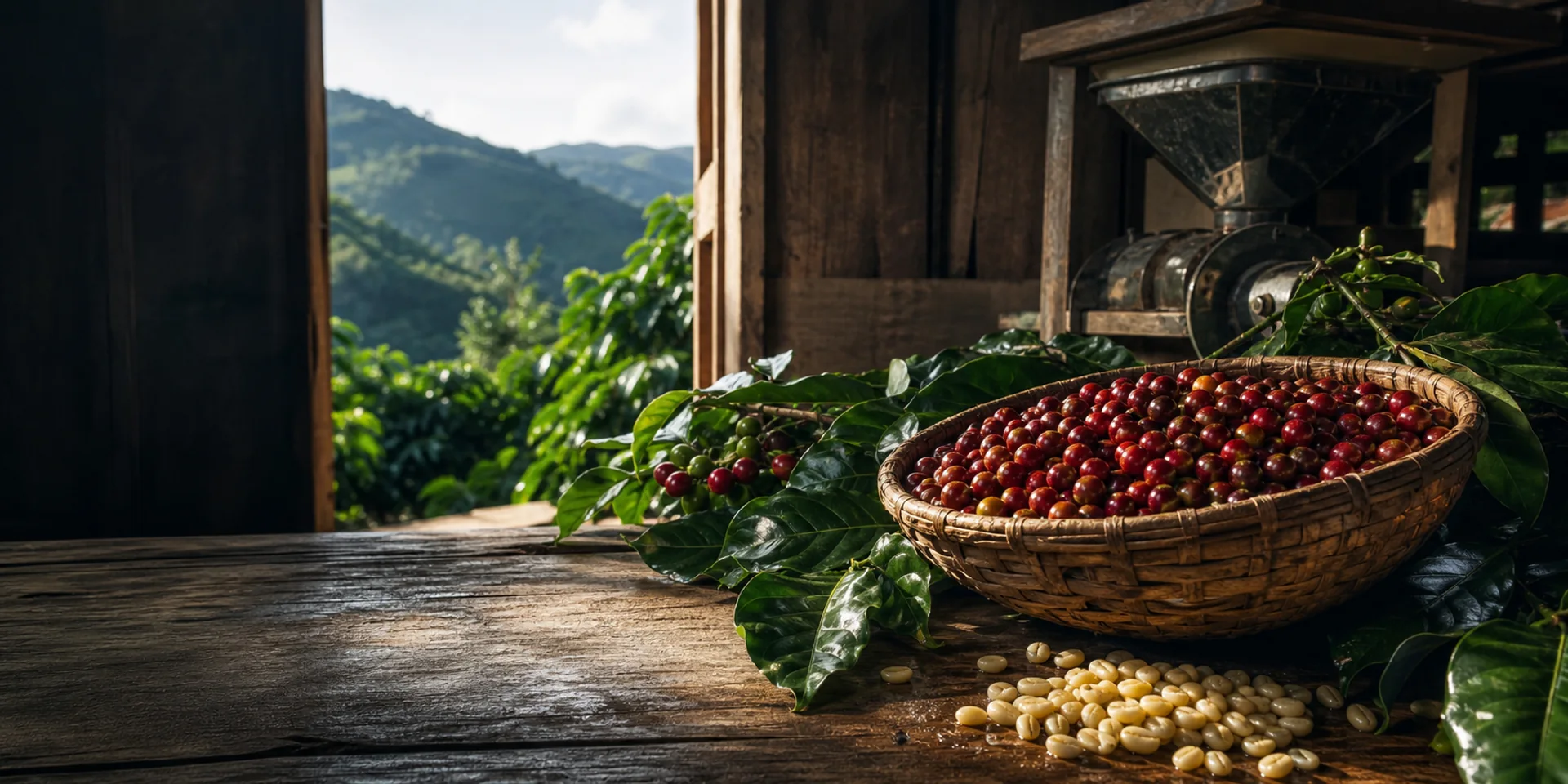 Cerezas de café maduras en una canasta dentro de una finca cafetera
