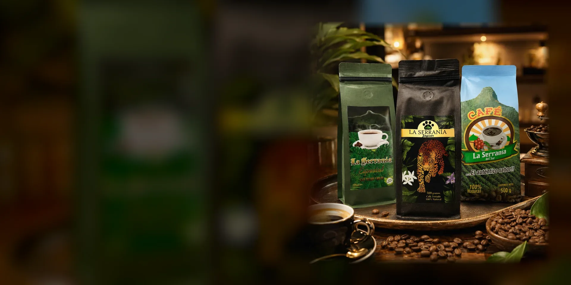 Empaques de las líneas Jaguar, Especial y Tradicional junto a una taza de café