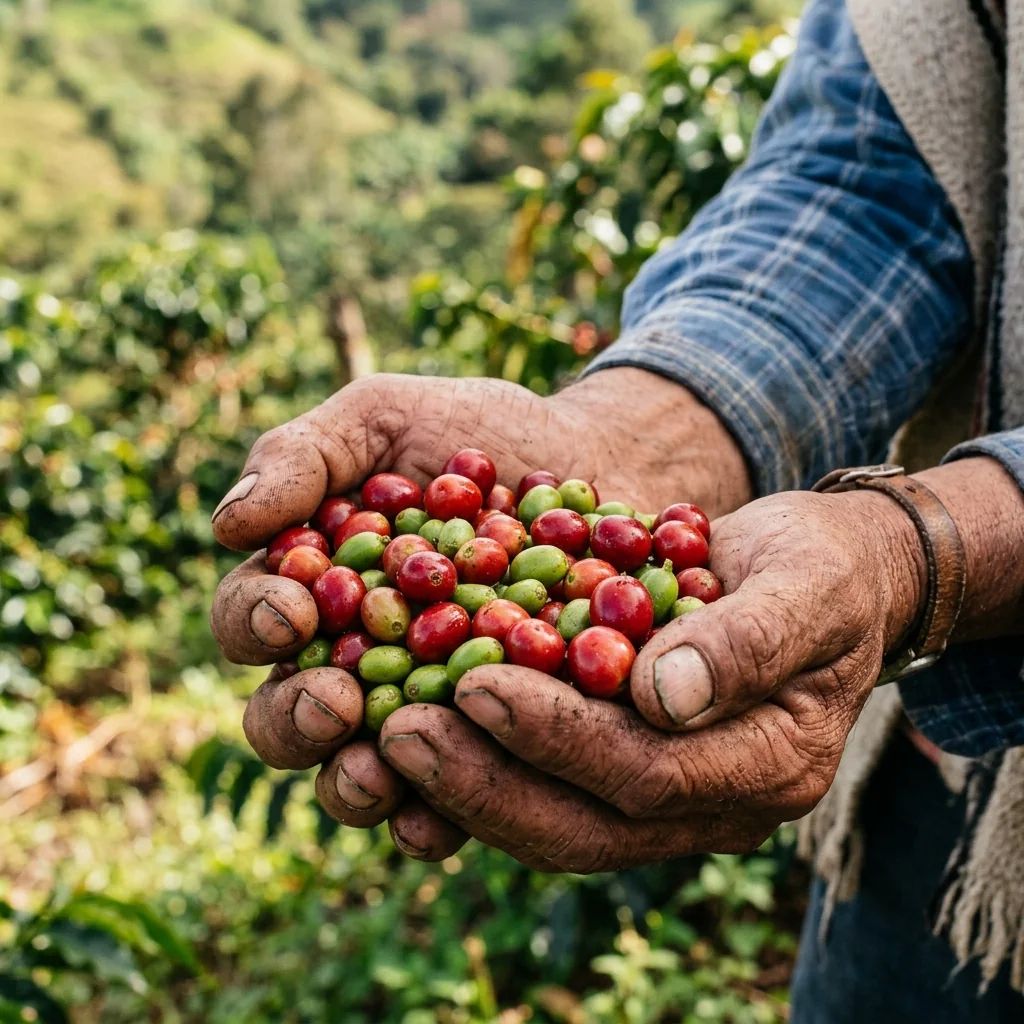 Manos de un caficultor de Santa Rosa del Sur sosteniendo cerezas de café recién cosechadas