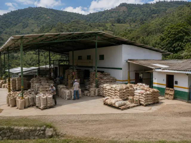 Centro de beneficio de café con sacos y operarios
