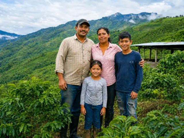 Familia caficultora retratada en un cultivo de montaña