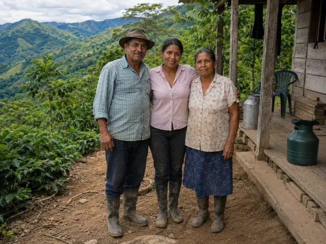Tres productores frente a una vivienda rural de madera