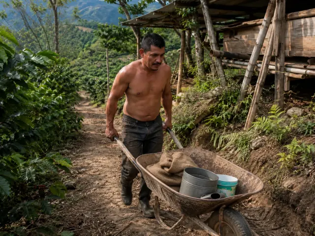 Trabajador empujando una carretilla por un sendero rural